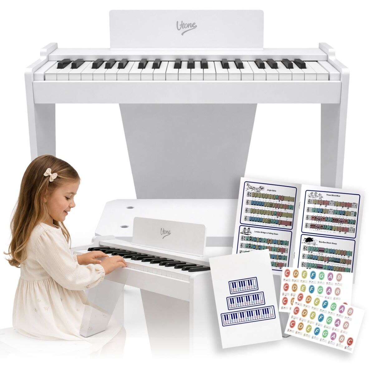 V-TONE PJR 50 WH elektroniczne pianino cyfrowe białe mini fortepian koncertowy dla dzieci stołek naklejki edukacyjne na klawisze wbudowany głośnik zestaw