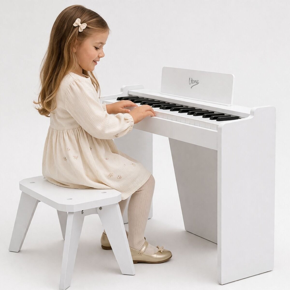 V-TONE PJR 50 WH elektroniczne pianino cyfrowe białe mini fortepian koncertowy dla dzieci stołek naklejki edukacyjne na klawisze wbudowany głośnik zestaw