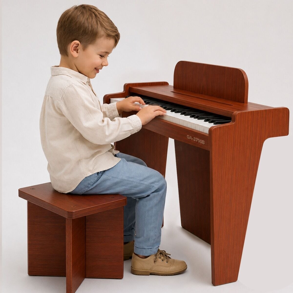 SUPRIMO KID PIANO 1 WOOD mini pianino cyfrowe przenośne trójnożne wolnostojące brązowe 37 klawiszy zasilanie sieciowe na baterie pulpit do nut stołek do 20 kg