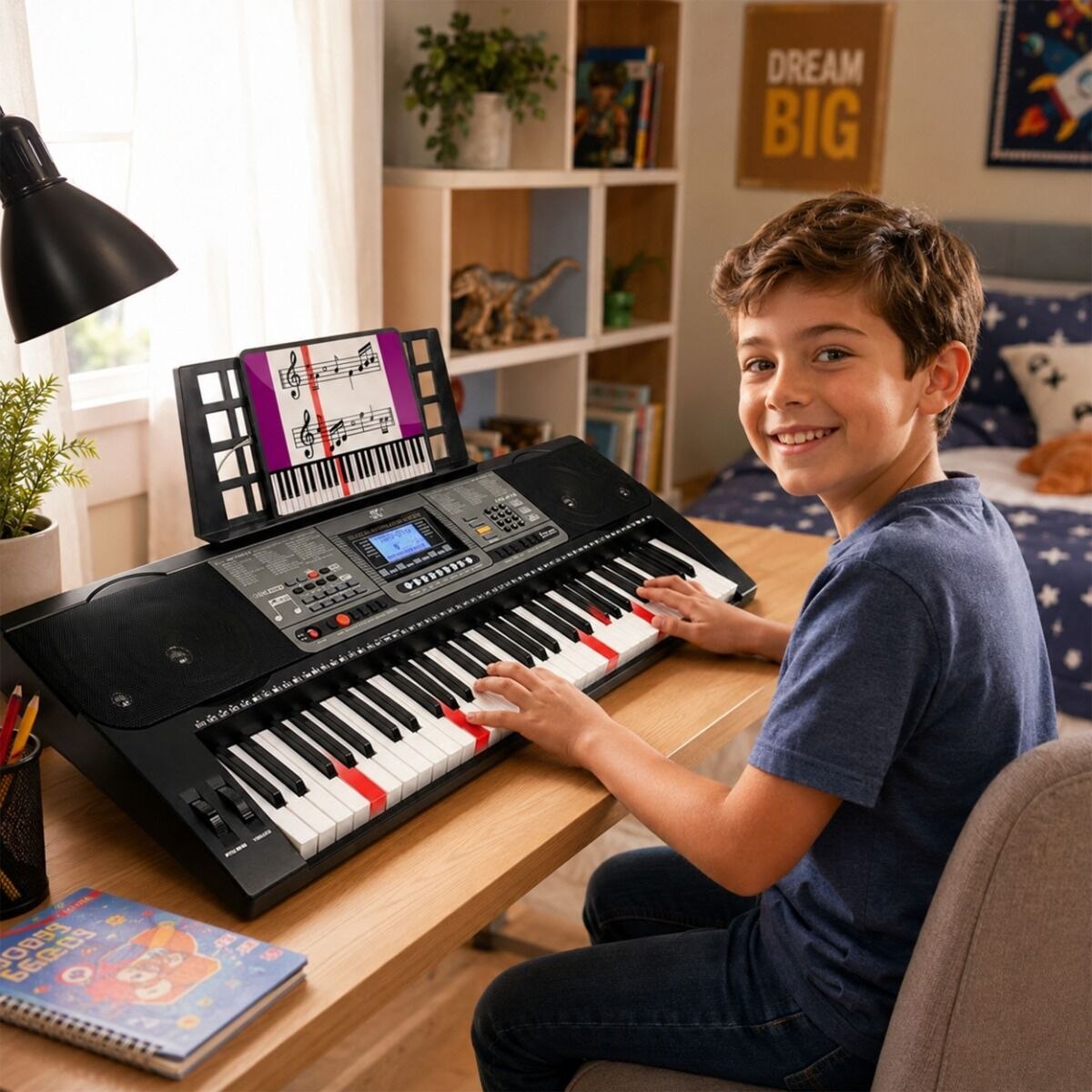 MK 816 KEYBOARD elektroniczny MIDI edukacyjny przenośny czarny 61 klawiszy instrument dla dzieci do nauki gry pulpit do nut głośniki stereo wyjście słuchawkowe zestaw