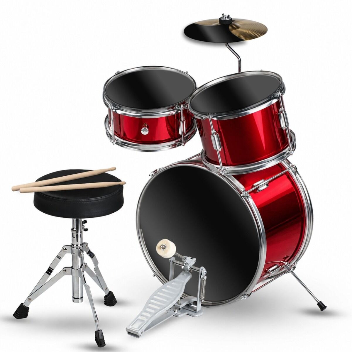 V-TONE VDJR 1 RD mini perkusja akustyczna trzyczęściowa czerwona dla dzieci pałeczki perkusyjne pady wyciszające stołek klucz perkusyjny zestaw