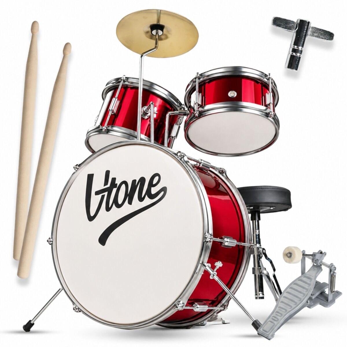V-TONE VDJR 1 RD mini perkusja akustyczna trzyczęściowa czerwona dla dzieci pałeczki perkusyjne pady wyciszające stołek klucz perkusyjny zestaw