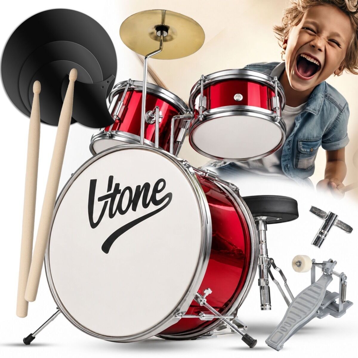 V-TONE VDJR 1 RD mini perkusja akustyczna trzyczęściowa czerwona dla dzieci pałeczki perkusyjne pady wyciszające stołek klucz perkusyjny zestaw