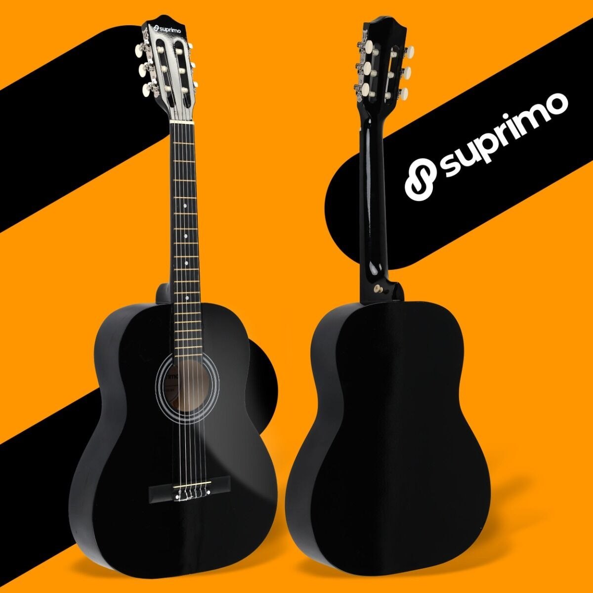 SUPRIMO CG34 BK gitara klasyczna 3/4 36 cali czarna do nauki dla początkujących 2 zaczepy na pasek 3 kostki do gry pasek do gitary zapasowe struny pokrowiec transportowy akordy zestaw