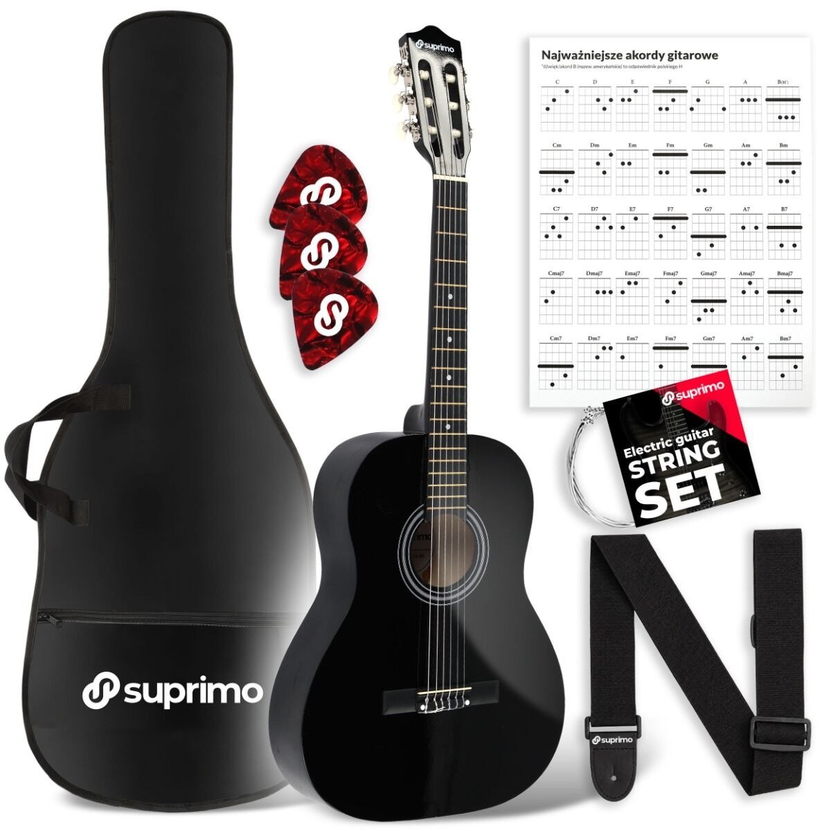SUPRIMO CG34 BK gitara klasyczna 3/4 36 cali czarna do nauki dla początkujących 2 zaczepy na pasek 3 kostki do gry pasek do gitary zapasowe struny pokrowiec transportowy akordy zestaw