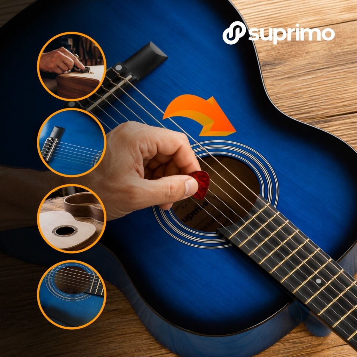 SUPRIMO CG34 BB gitara klasyczna 3/4 36 cali blueburst do nauki dla początkujących 2 zaczepy na pasek 3 kostki do gry pasek do gitary zapasowe struny pokrowiec transportowy akordy zestaw