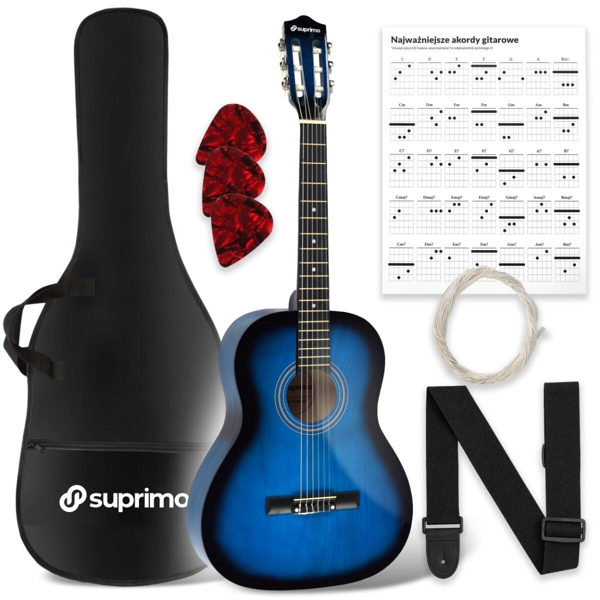 SUPRIMO CG34 BB gitara klasyczna 3/4 36 cali blueburst do nauki dla początkujących 2 zaczepy na pasek 3 kostki do gry pasek do gitary zapasowe struny pokrowiec transportowy akordy zestaw