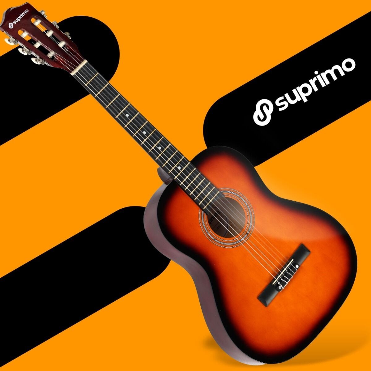 SUPRIMO CG34 SB gitara klasyczna 3/4 36 cali sunburst do nauki dla początkujących 2 zaczepy na pasek 3 kostki do gry pasek do gitary zapasowe struny pokrowiec transportowy akordy zestaw