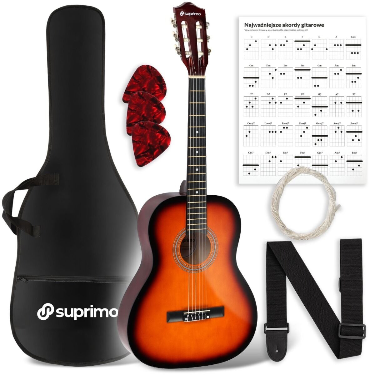 SUPRIMO CG34 SB gitara klasyczna 3/4 36 cali sunburst do nauki dla początkujących 2 zaczepy na pasek 3 kostki do gry pasek do gitary zapasowe struny pokrowiec transportowy akordy zestaw