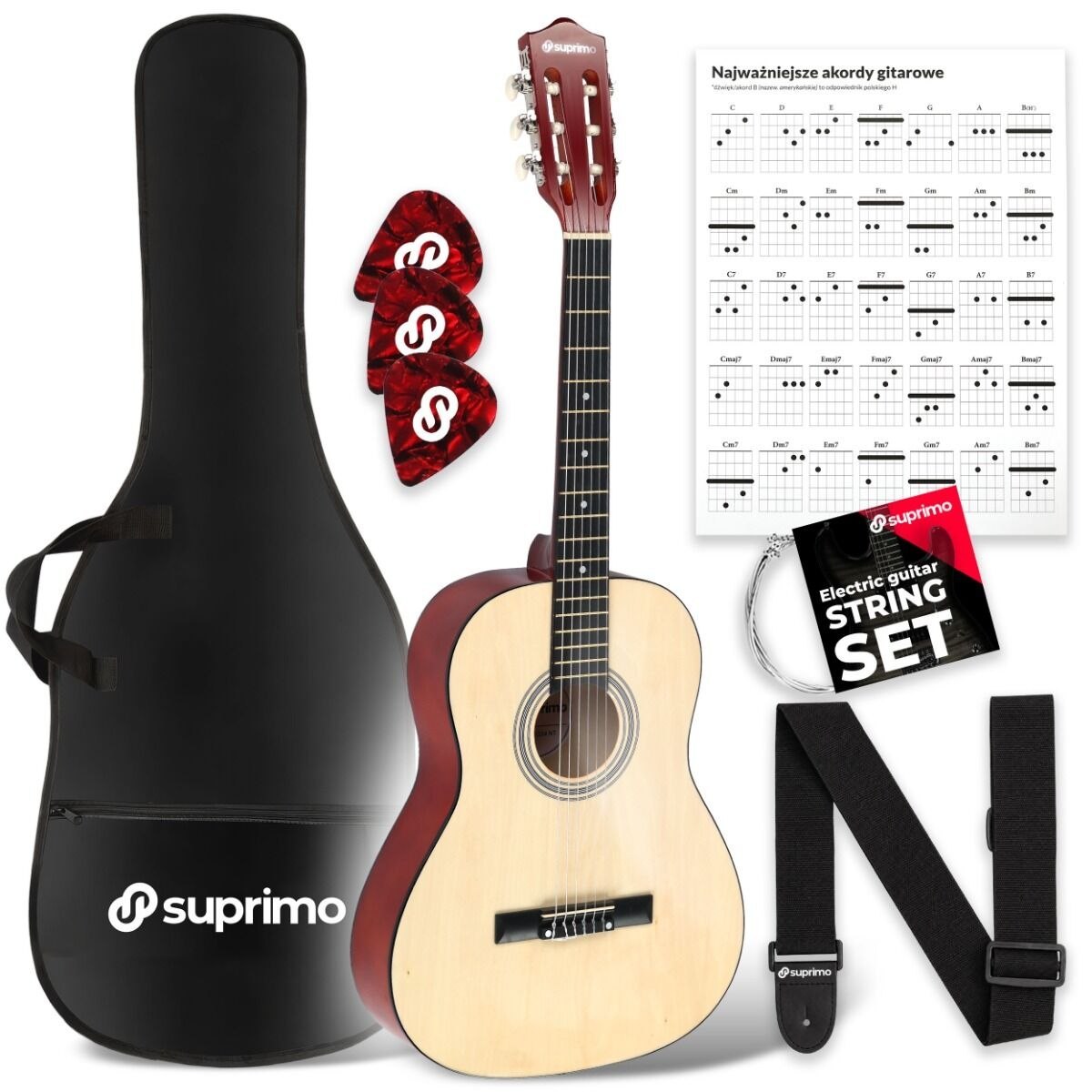 SUPRIMO CG34 NT gitara klasyczna 3/4 36 cali naturalna do nauki dla początkujących 2 zaczepy na pasek 3 kostki do gry pasek do gitary zapasowe struny pokrowiec transportowy akordy zestaw