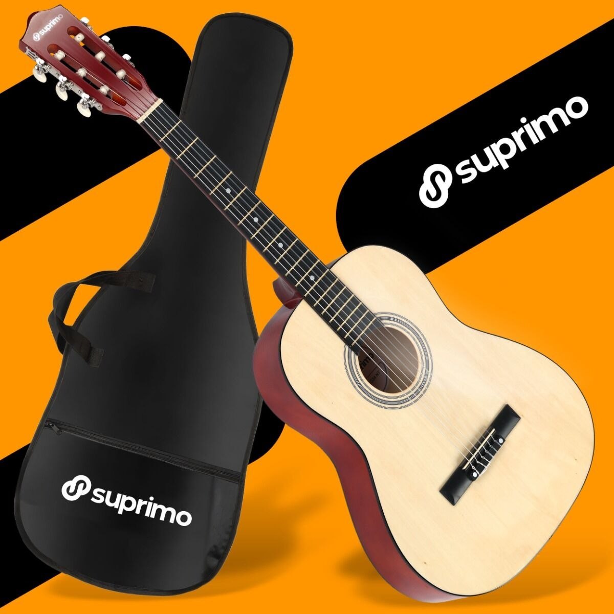 SUPRIMO CG34 NT gitara klasyczna 3/4 36 cali naturalna do nauki dla początkujących 2 zaczepy na pasek 3 kostki do gry pasek do gitary zapasowe struny pokrowiec transportowy akordy zestaw