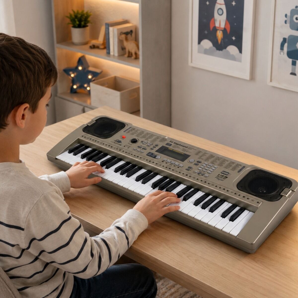 MQ 807 USB KEYBOARD elektroniczny edukacyjny szary 54 klawisze instrument dla dzieci do nauki gry odtwarzacz MP3 pulpit do nut mikrofon przewodowy wbudowane głośniki stereo wyjście słuchawkowe zestaw