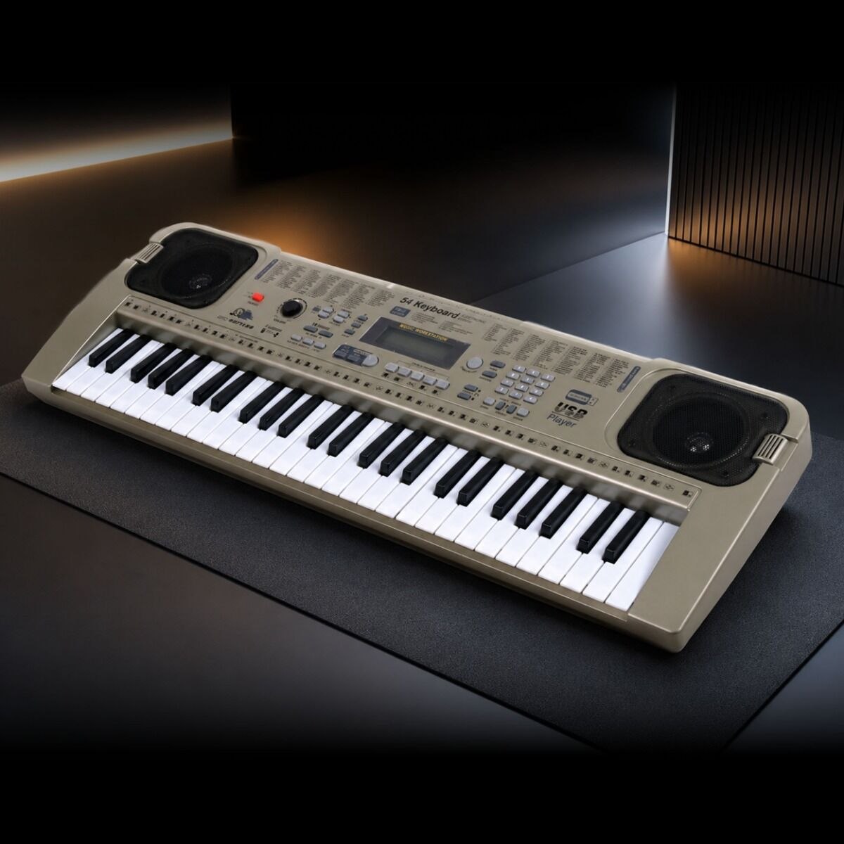 MQ 807 USB KEYBOARD elektroniczny edukacyjny szary 54 klawisze instrument dla dzieci do nauki gry odtwarzacz MP3 pulpit do nut mikrofon przewodowy wbudowane głośniki stereo wyjście słuchawkowe zestaw