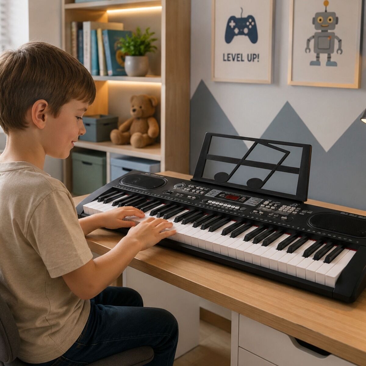 MQ 603 UFB KEYBOARD elektroniczny edukacyjny przenośny czarny 61 klawiszy instrument dla dzieci do nauki gry odtwarzacz MP3 radio FM Bluetooth pulpit do nut mikrofon przewodowy wbudowane głośniki stereo wyjście słuchawkowe zestaw