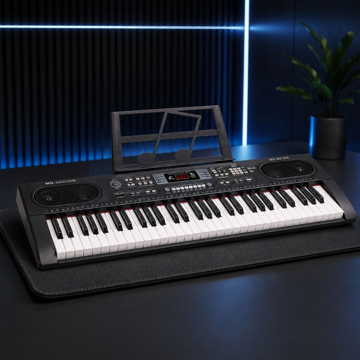 MQ 603 UFB KEYBOARD elektroniczny edukacyjny przenośny czarny 61 klawiszy instrument dla dzieci do nauki gry odtwarzacz MP3 radio FM Bluetooth pulpit do nut mikrofon przewodowy wbudowane głośniki stereo wyjście słuchawkowe zestaw