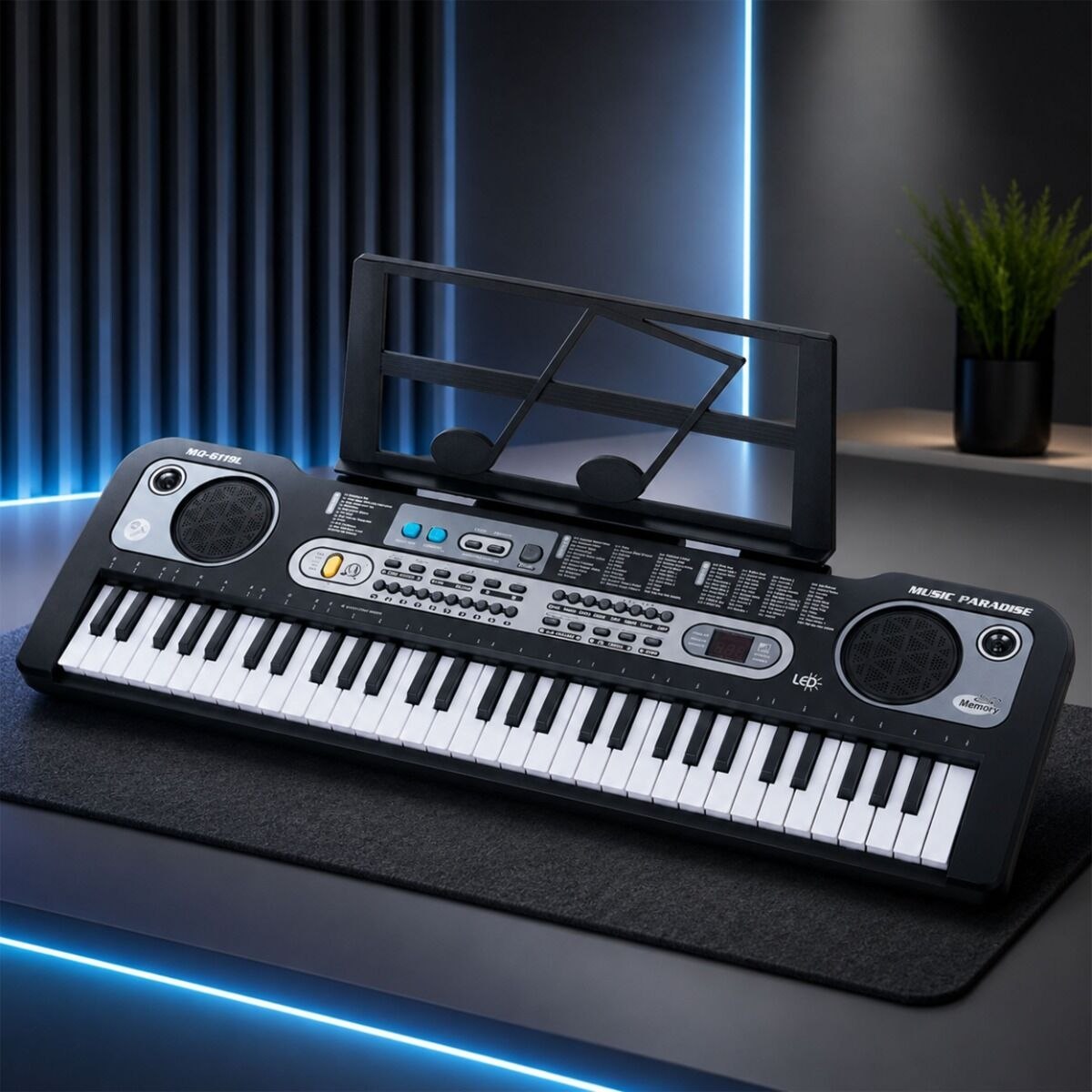 MQ 6119L KEYBOARD elektroniczny edukacyjny przenośny czarny 61 klawiszy instrument dla dzieci do nauki gry podświetlana klawiatura pulpit do nut mikrofon przewodowy wbudowane głośniki stereo wyjście słuchawkowe zestaw