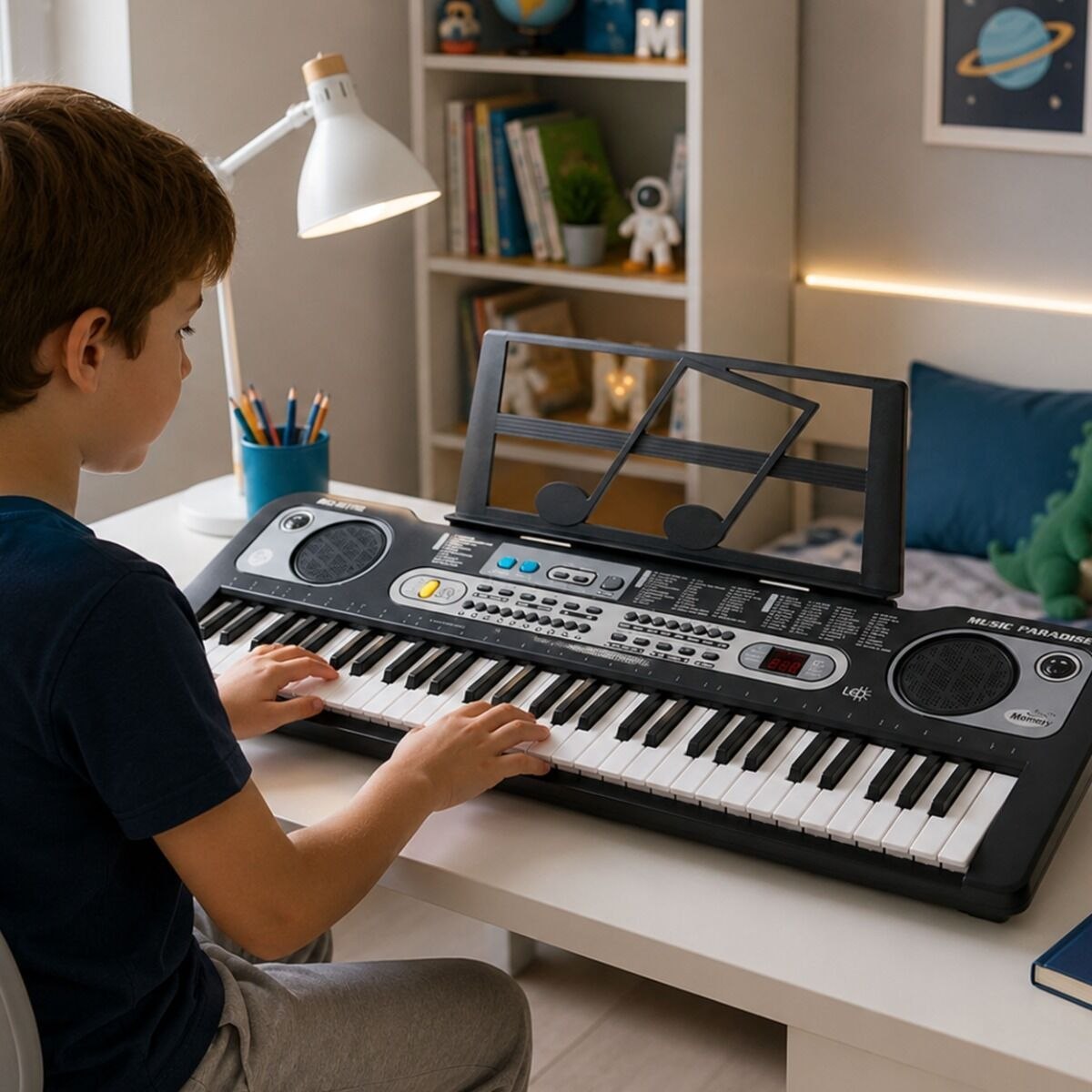 MQ 6119L KEYBOARD elektroniczny edukacyjny przenośny czarny 61 klawiszy instrument dla dzieci do nauki gry podświetlana klawiatura pulpit do nut mikrofon przewodowy wbudowane głośniki stereo wyjście słuchawkowe zestaw