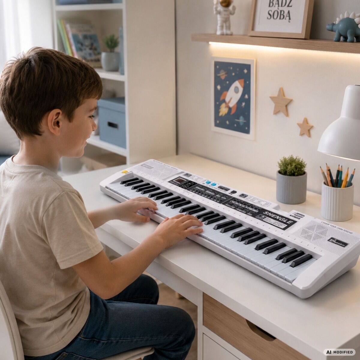 MQ 008UF KEYBOARD elektroniczny edukacyjny przenośny biały 61 klawiszy instrument dla dzieci do nauki gry odtwarzacz MP3 radio FM mikrofon przewodowy wbudowane głośniki stereo wyjście słuchawkowe zestaw