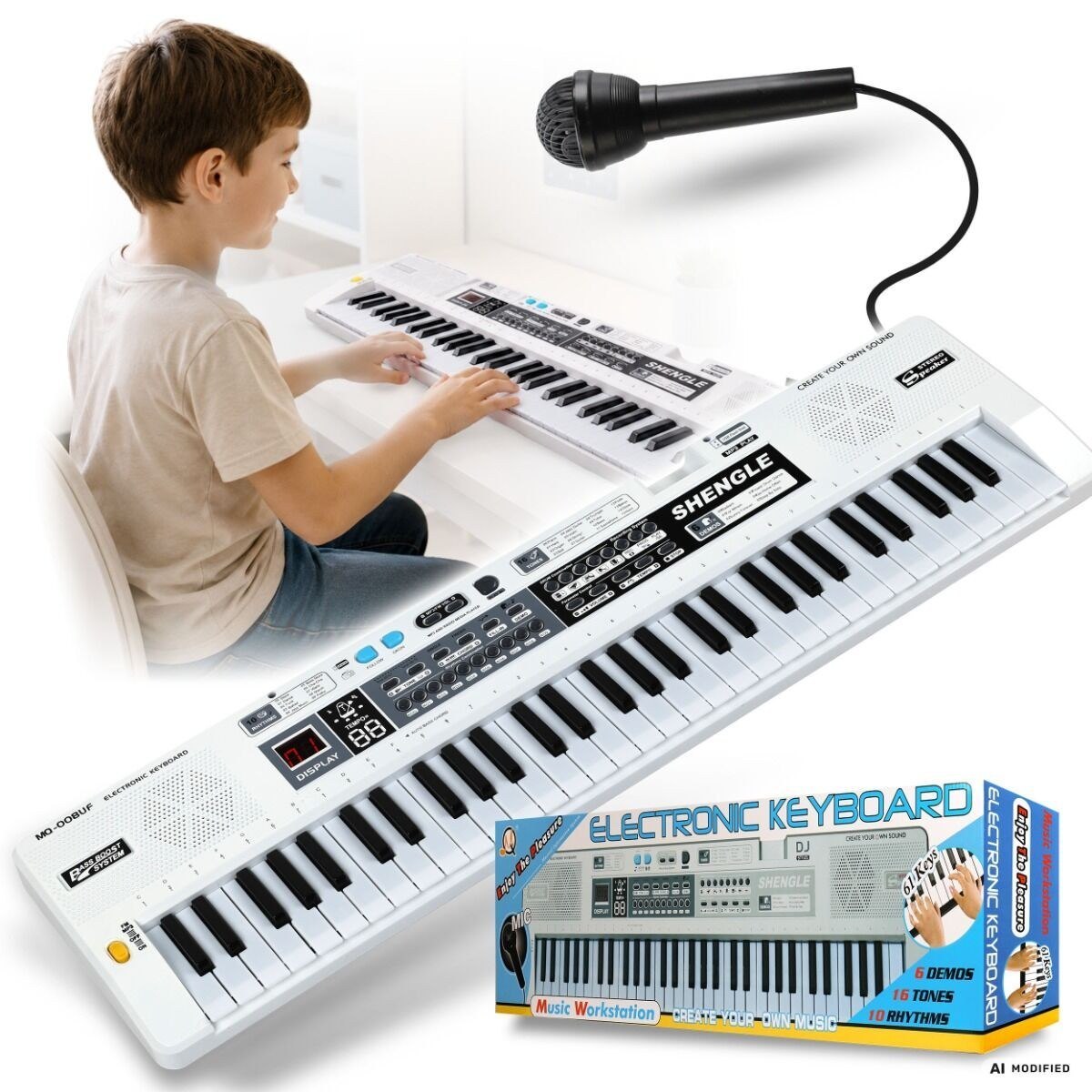 MQ 008UF KEYBOARD elektroniczny edukacyjny przenośny biały 61 klawiszy instrument dla dzieci do nauki gry odtwarzacz MP3 radio FM mikrofon przewodowy wbudowane głośniki stereo wyjście słuchawkowe zestaw