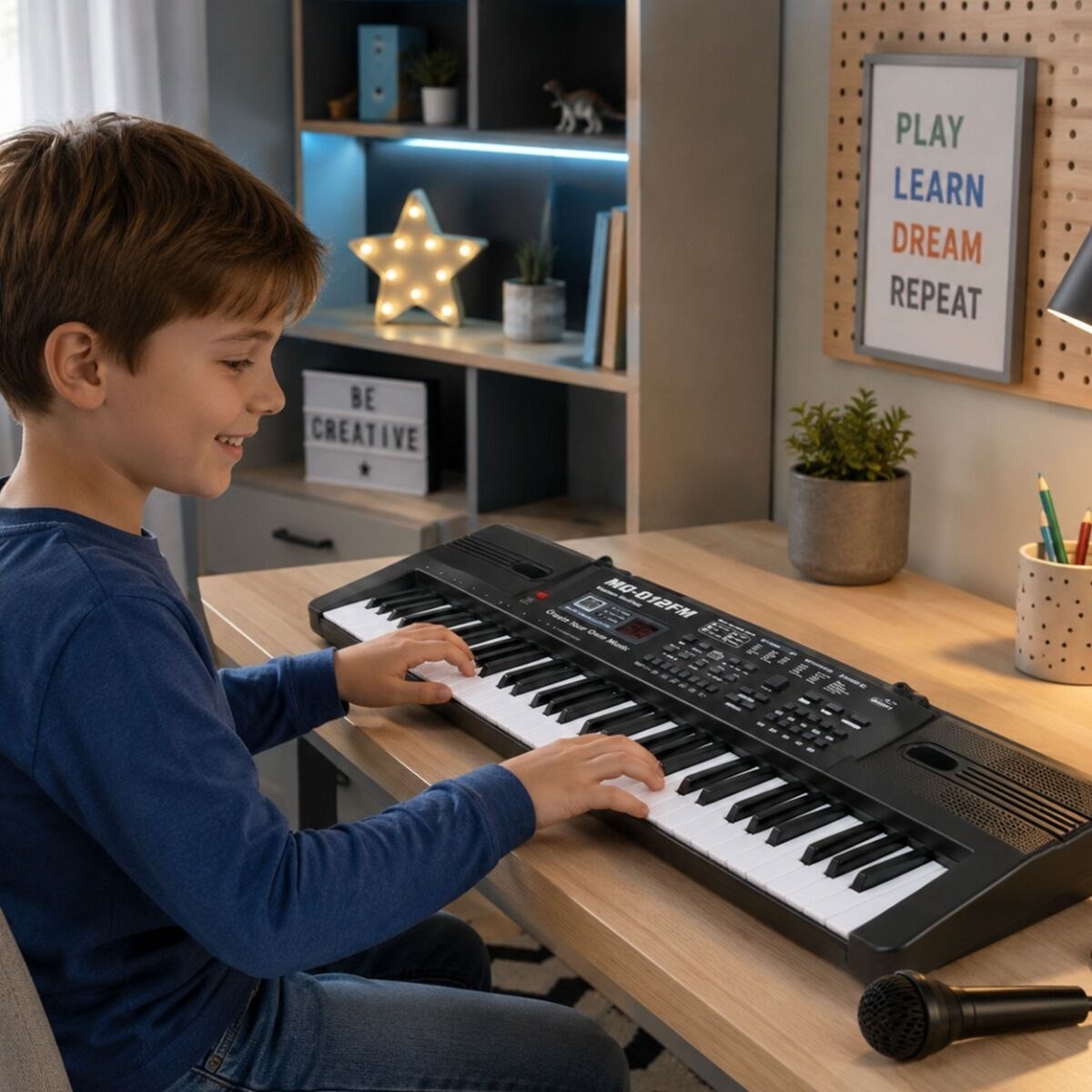 MQ 012FM KEYBOARD elektroniczny edukacyjny przenośny czarny 61 klawiszy instrument dla dzieci do nauki gry radio FM mikrofon przewodowy wbudowany głośnik wyjście słuchawkowe zestaw