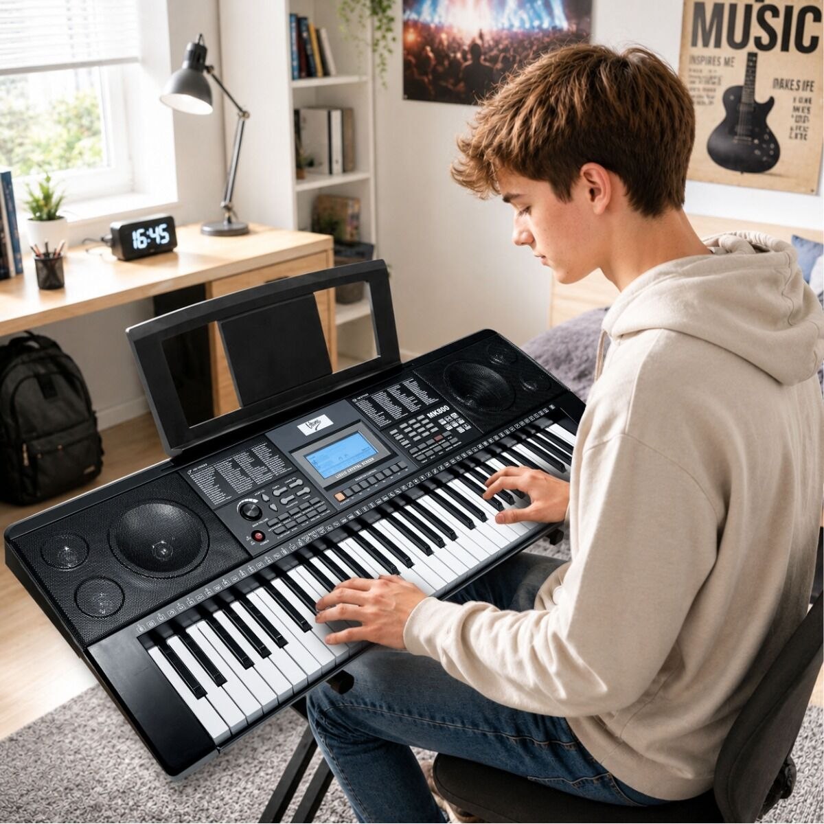 V-TONE MK800 przenośny edukacyjny keyboard elektroniczny MIDI 61 klawiszy instrument dla dzieci do nauki gry pulpit do nut 8 banków pamięci wbudowane głośniki wyjście słuchawkowe zestaw