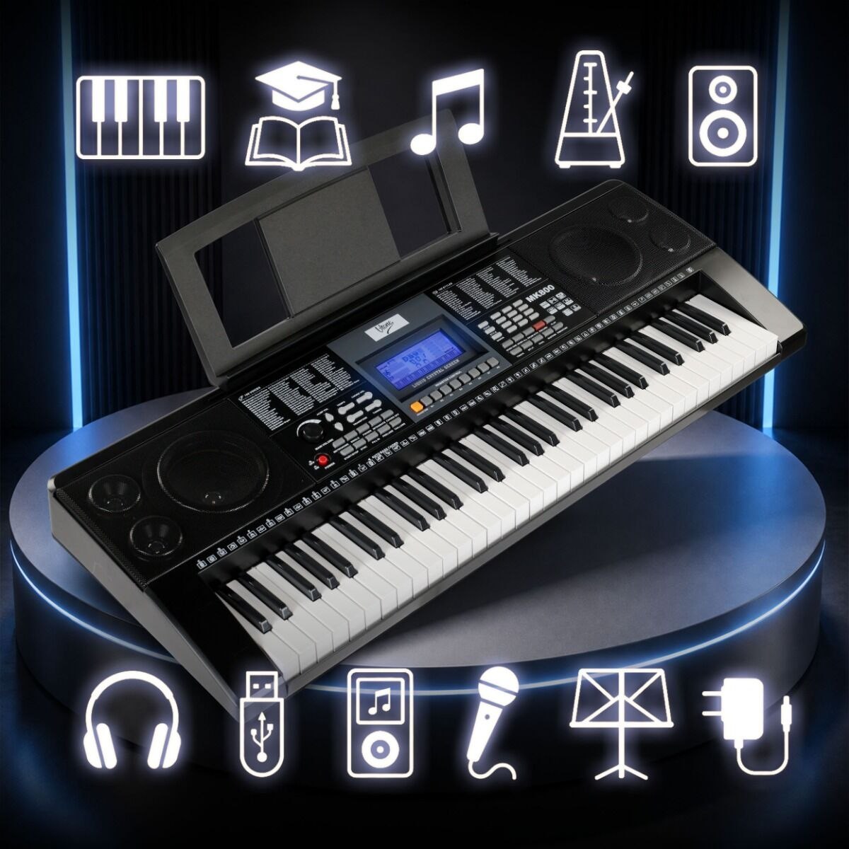 V-TONE MK800 przenośny edukacyjny keyboard elektroniczny MIDI 61 klawiszy instrument dla dzieci do nauki gry pulpit do nut 8 banków pamięci wbudowane głośniki wyjście słuchawkowe zestaw