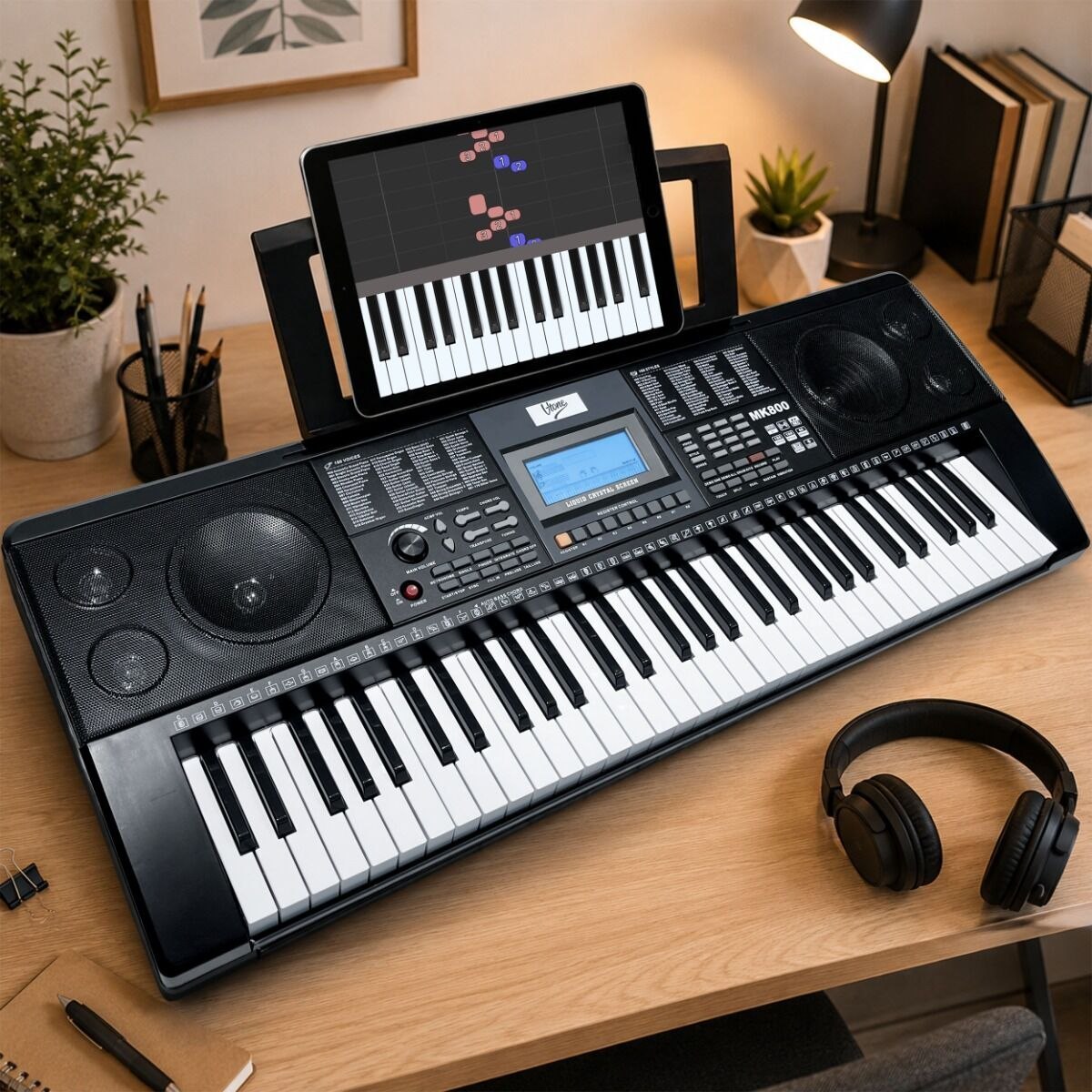 V-TONE MK800 przenośny edukacyjny keyboard elektroniczny MIDI 61 klawiszy instrument dla dzieci do nauki gry pulpit do nut 8 banków pamięci wbudowane głośniki wyjście słuchawkowe zestaw