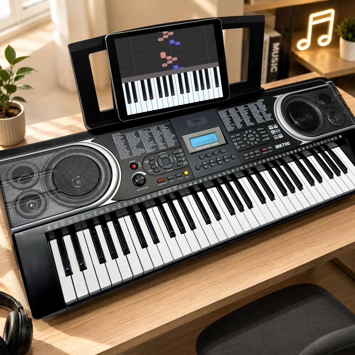 V-TONE MK700 przenośny edukacyjny keyboard elektroniczny MIDI 61 klawiszy instrument dla dzieci do nauki gry pulpit do nut odtwarzacz MP3 USB wbudowane głośniki wyjście słuchawkowe zestaw
