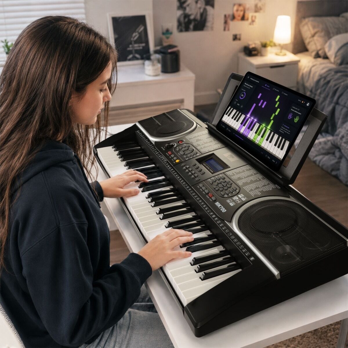 V-TONE MK700 przenośny edukacyjny keyboard elektroniczny MIDI 61 klawiszy instrument dla dzieci do nauki gry pulpit do nut odtwarzacz MP3 USB wbudowane głośniki wyjście słuchawkowe zestaw