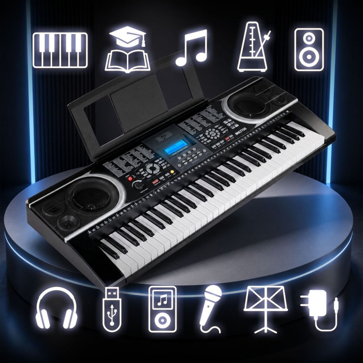 V-TONE MK700 przenośny edukacyjny keyboard elektroniczny MIDI 61 klawiszy instrument dla dzieci do nauki gry pulpit do nut odtwarzacz MP3 USB wbudowane głośniki wyjście słuchawkowe zestaw