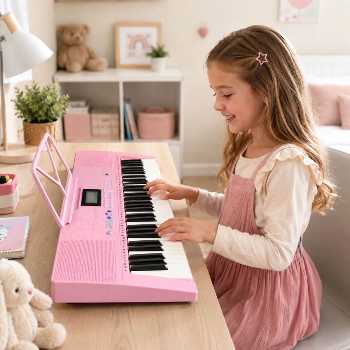 SUPRIMO EK611 PK keyboard elektroniczny edukacyjny 61 klawiszy różowy pulpit do nut mikrofon przewodowy zestaw
