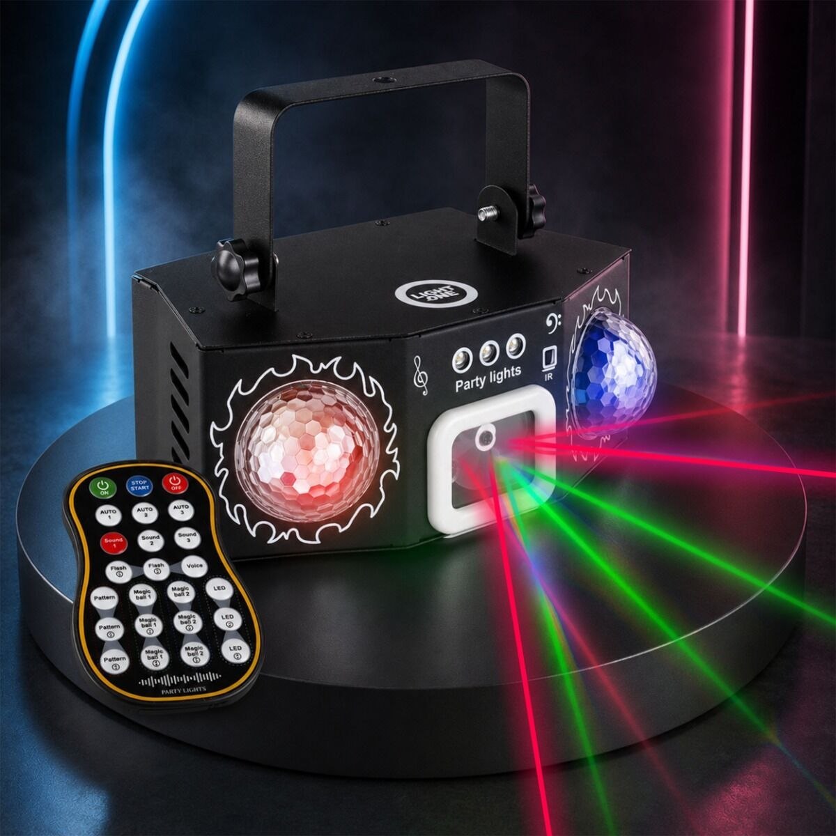 LIGHT4ME PARTY LIGHT 4 multiefekt oświetleniowy 4w1 oświetlenie LED na imprezę laser czerwony laser zielony podwójny efekt Magic Ball R/G/B efekt stroboskopu RGBW pilot bezprzewodowy uchwyt montażowy