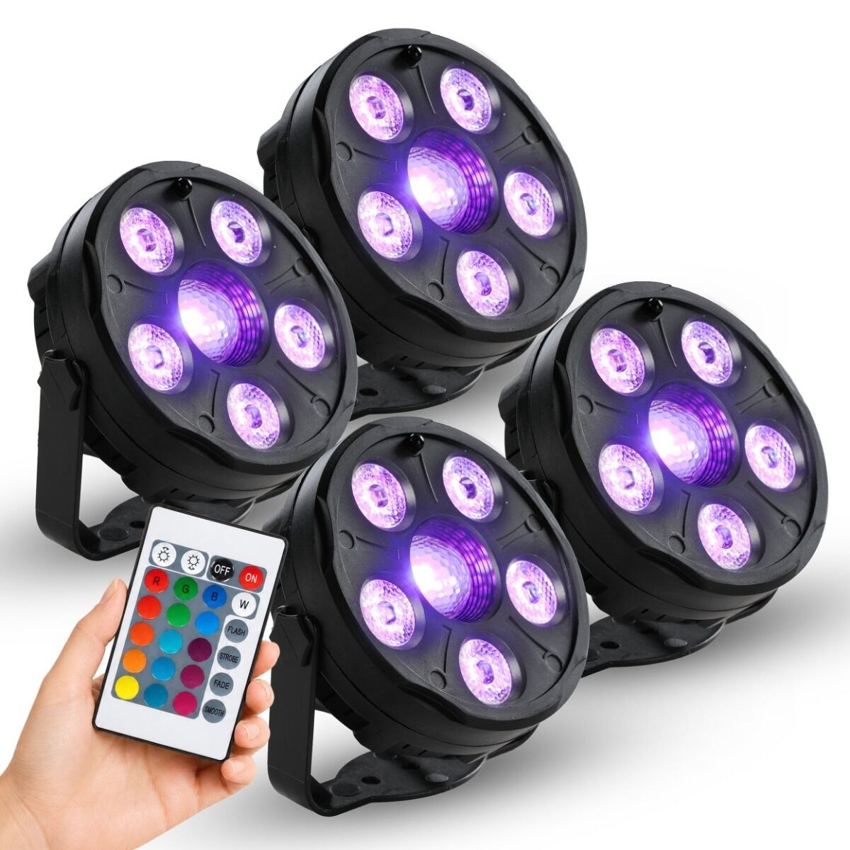 LIGHT4ME 4PAR SET IR zestaw 4 reflektorów PAR LED RGB oświetlenie na imprezę DJ pilot bezprzewodowy uchwyty montażowe zasilanie sieciowe