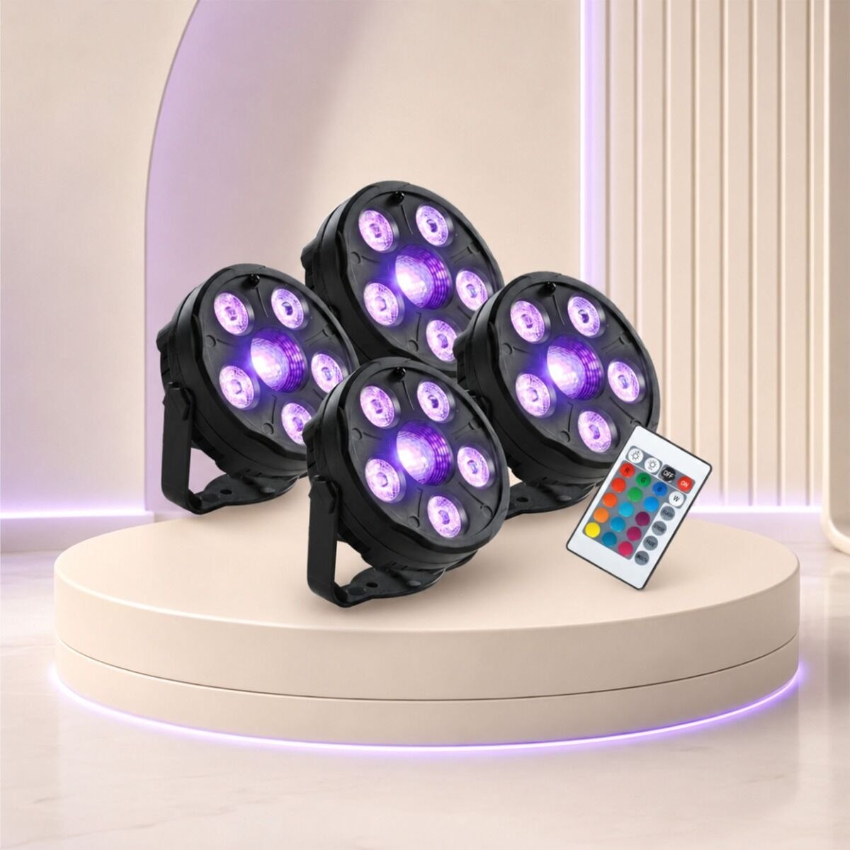 LIGHT4ME 4PAR SET IR zestaw 4 reflektorów PAR LED RGB oświetlenie na imprezę DJ pilot bezprzewodowy uchwyty montażowe zasilanie sieciowe