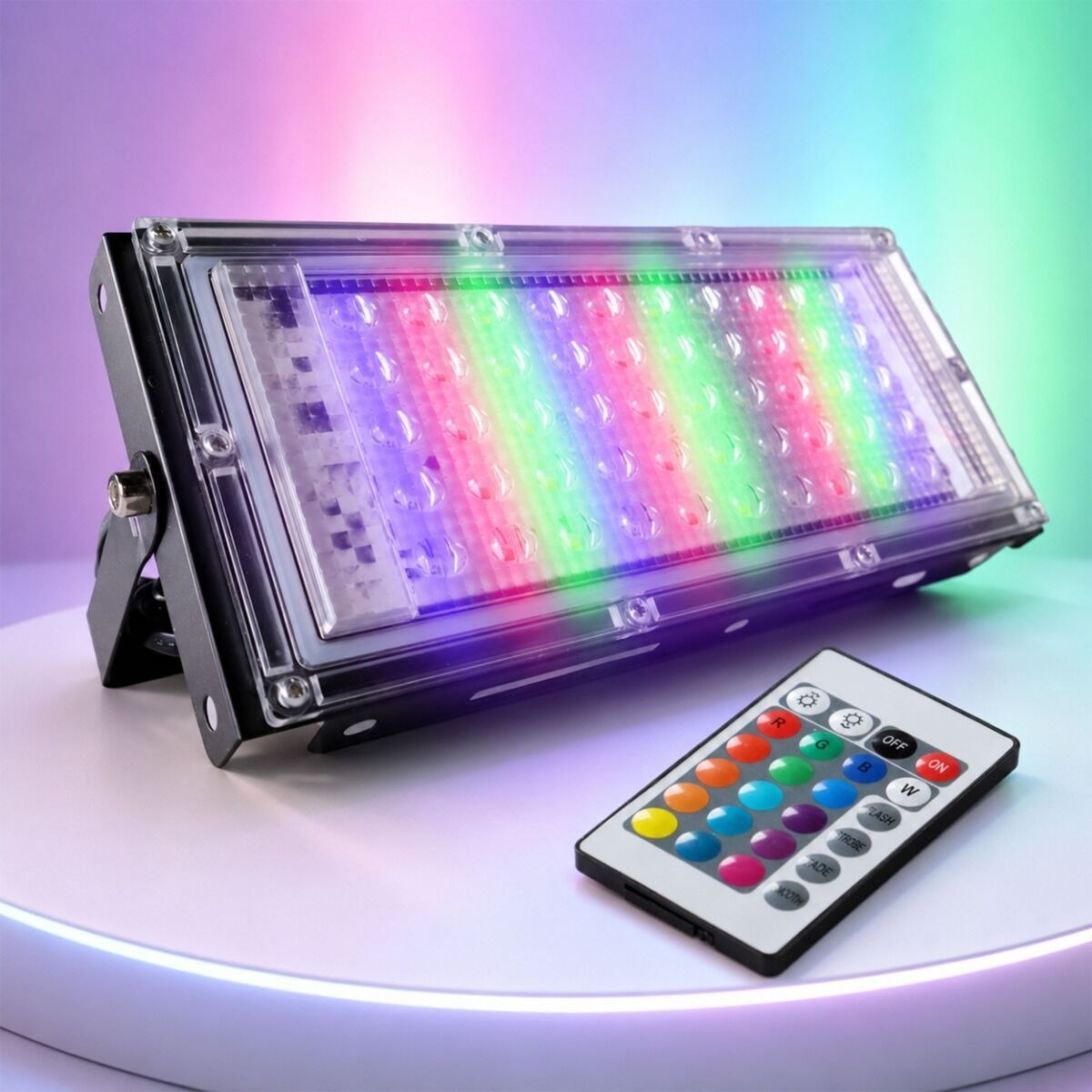LIGHT4ME IP RGB PANEL panelowy naświetlacz 50 × 0,5W R/G/B LED pilot bezprzewodowy przełącznik zasilania uchwyt montażowy zasilanie sieciowe