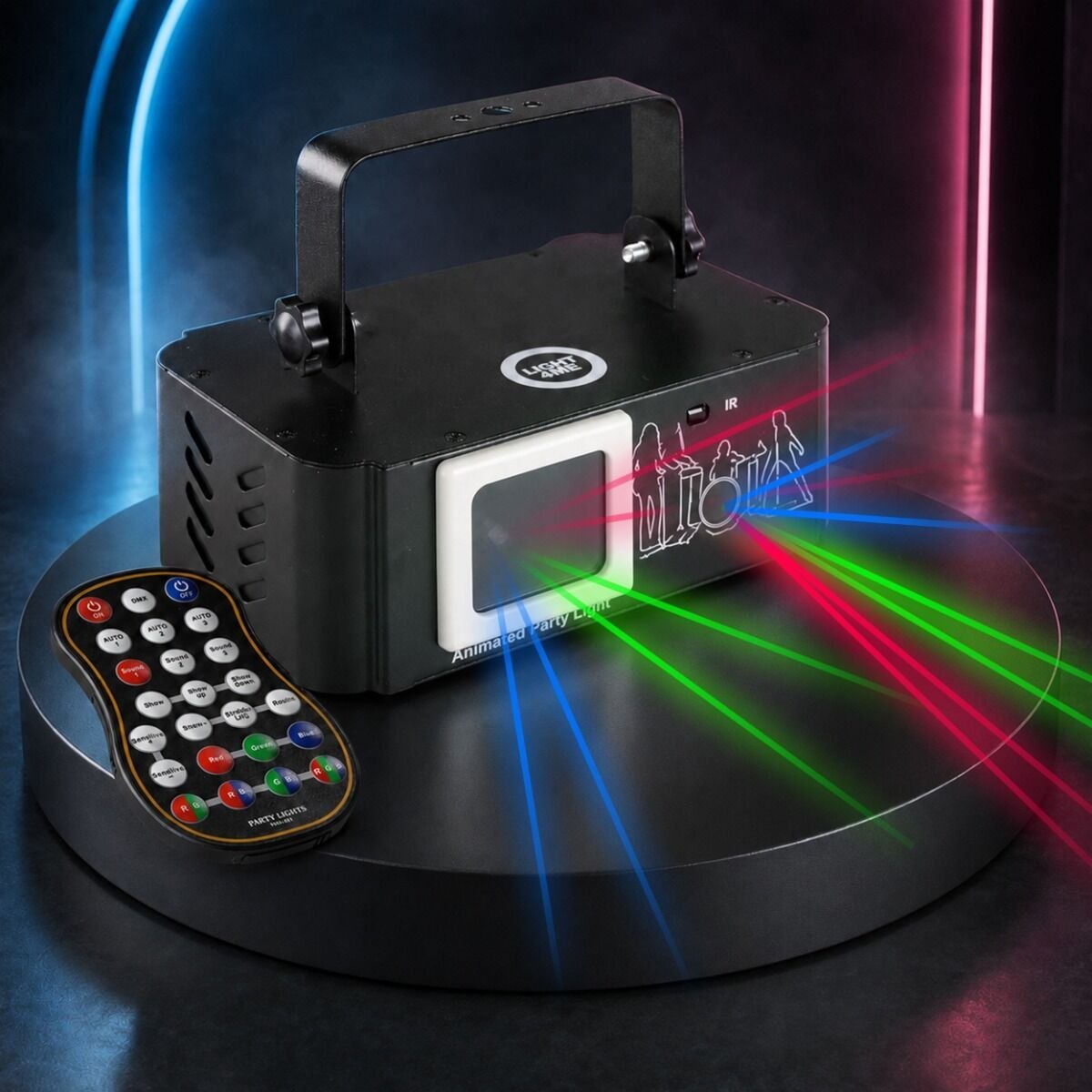 LIGHT4ME PARTY LASER 1 projektor laserowy skaner oprawa świetlna RGB DMX 30 kpps efekty graficzne animacje pilotem bezprzewodowy uchwyt montażowy sterowanie dźwiękiem