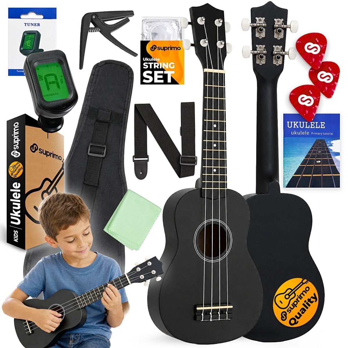 SUPRIMO UK21 SET BK V2 ukulele sopranowe 21" czarne drewniane pokrowiec 3 kostki do gry zapasowe struny tuner pasek kapodaster ściereczka książeczka do nauki gry zestaw dla dzieci