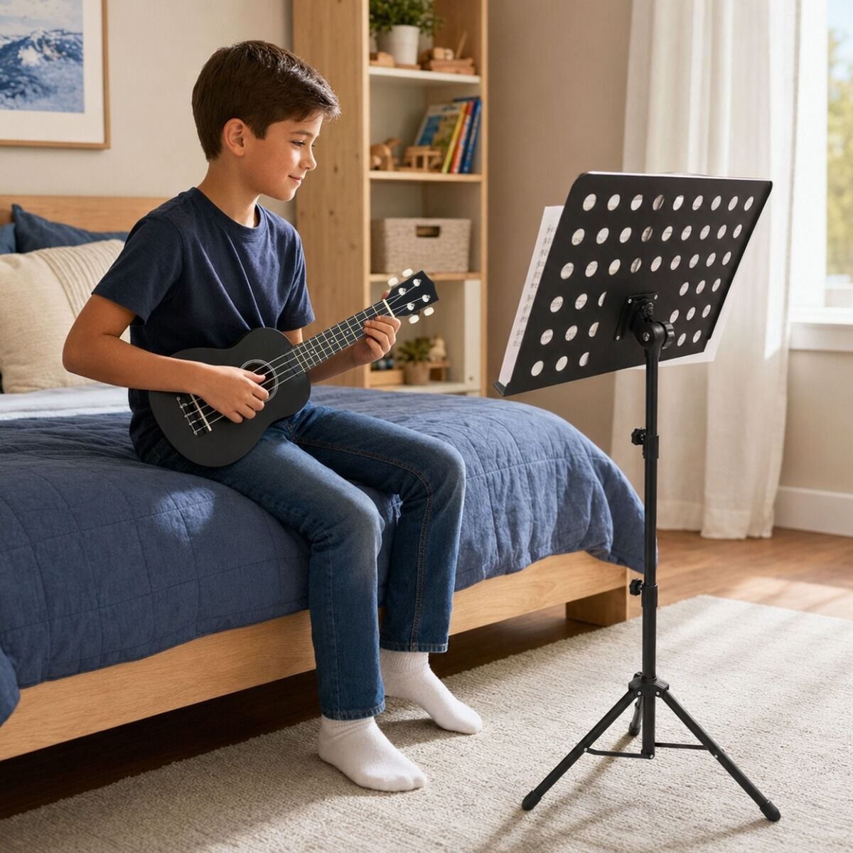 SUPRIMO UK21 SET BK V2 ukulele sopranowe 21" czarne drewniane pokrowiec 3 kostki do gry zapasowe struny tuner pasek kapodaster ściereczka książeczka do nauki gry zestaw dla dzieci