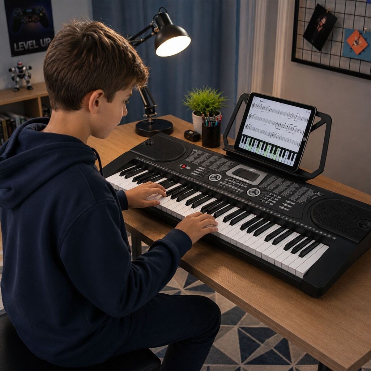 MK 2089 KEYBOARD elektroniczny edukacyjny przenośny czarny 61 klawiszy instrument dla dzieci do nauki gry pulpit do nut mikrofon przewodowy wbudowane głośniki wyjście słuchawkowe zestaw