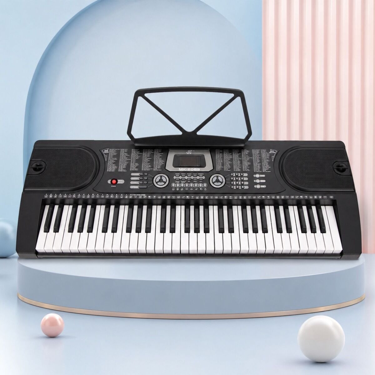 MK 2089 KEYBOARD elektroniczny edukacyjny przenośny czarny 61 klawiszy instrument dla dzieci do nauki gry pulpit do nut mikrofon przewodowy wbudowane głośniki wyjście słuchawkowe zestaw