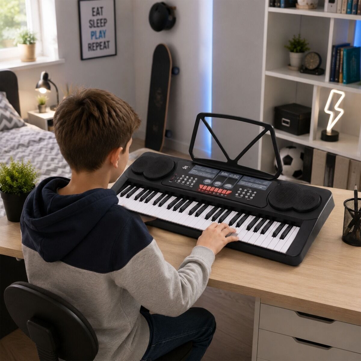 MK 632 KEYBOARD elektroniczny edukacyjny przenośny czarny 54 klawisze instrument dla dzieci do nauki gry pulpit do nut mikrofon przewodowy wbudowane głośniki wyjście słuchawkowe zestaw