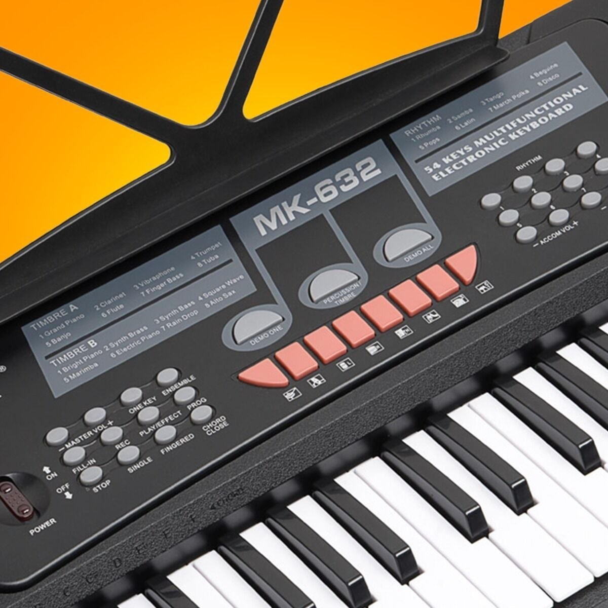 MK 632 KEYBOARD elektroniczny edukacyjny przenośny czarny 54 klawisze instrument dla dzieci do nauki gry pulpit do nut mikrofon przewodowy wbudowane głośniki wyjście słuchawkowe zestaw