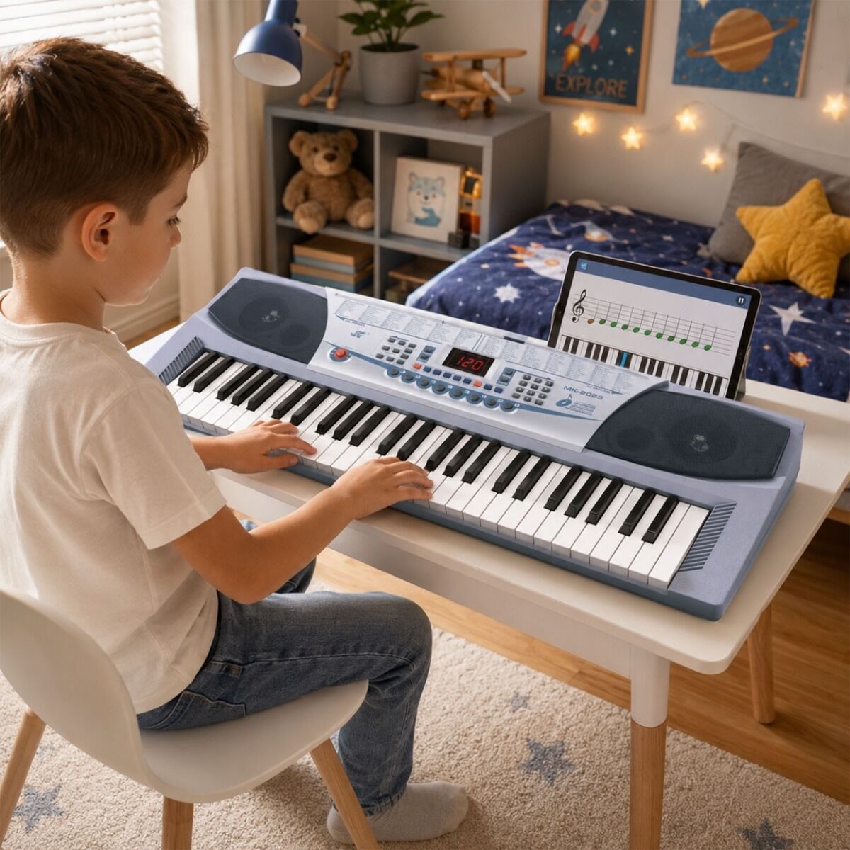 MK 2083 KEYBOARD elektroniczny edukacyjny przenośny srebrny 54 klawisze instrument dla dzieci do nauki gry pulpit do nut mikrofon przewodowy wbudowane głośniki wyjście słuchawkowe zestaw