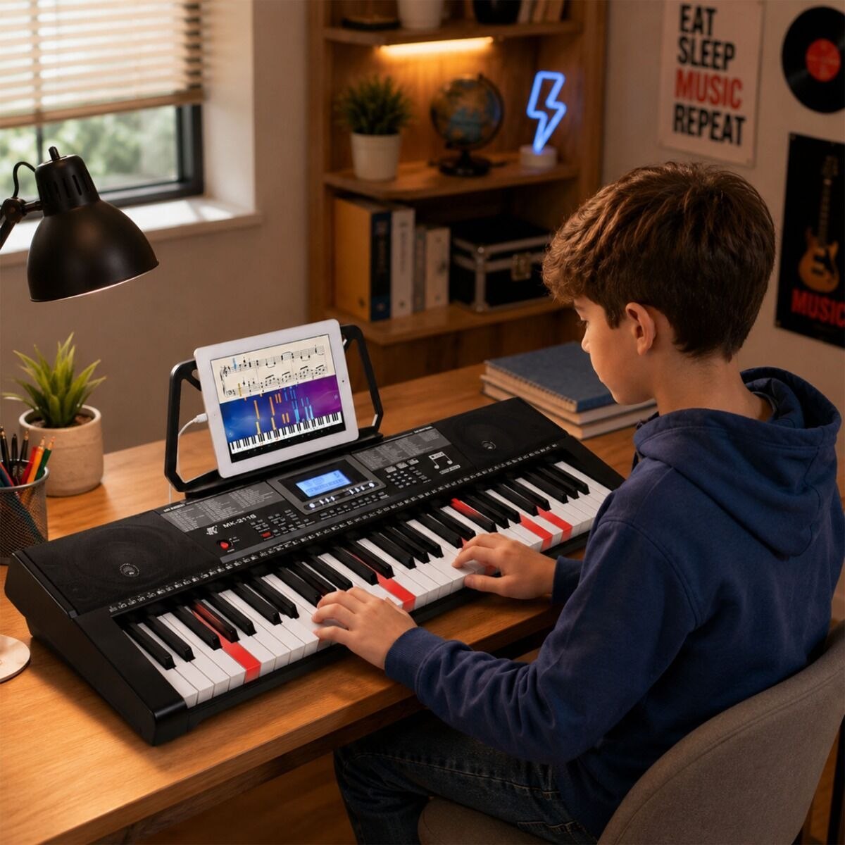 MK 2115 KEYBOARD elektroniczny edukacyjny przenośny czarny instrument MIDI dla dzieci do nauki gry 61 podświetlanych klawiszy pulpit do nut pedał sustain głośniki wyjście słuchawkowe zestaw