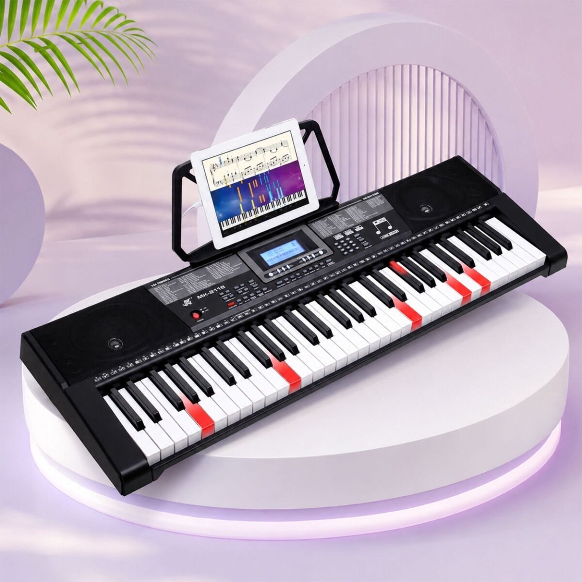 MK 2115 KEYBOARD elektroniczny edukacyjny przenośny czarny instrument MIDI dla dzieci do nauki gry 61 podświetlanych klawiszy pulpit do nut pedał sustain głośniki wyjście słuchawkowe zestaw