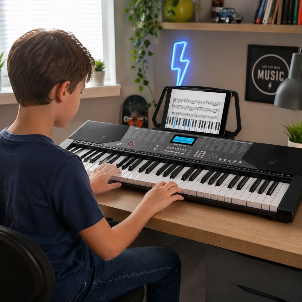 MK 2113 KEYBOARD elektroniczny edukacyjny przenośny czarny 61 klawiszy Bluetooth instrument dla dzieci do nauki gry pulpit do nut wbudowane głośniki wyjście słuchawkowe zestaw