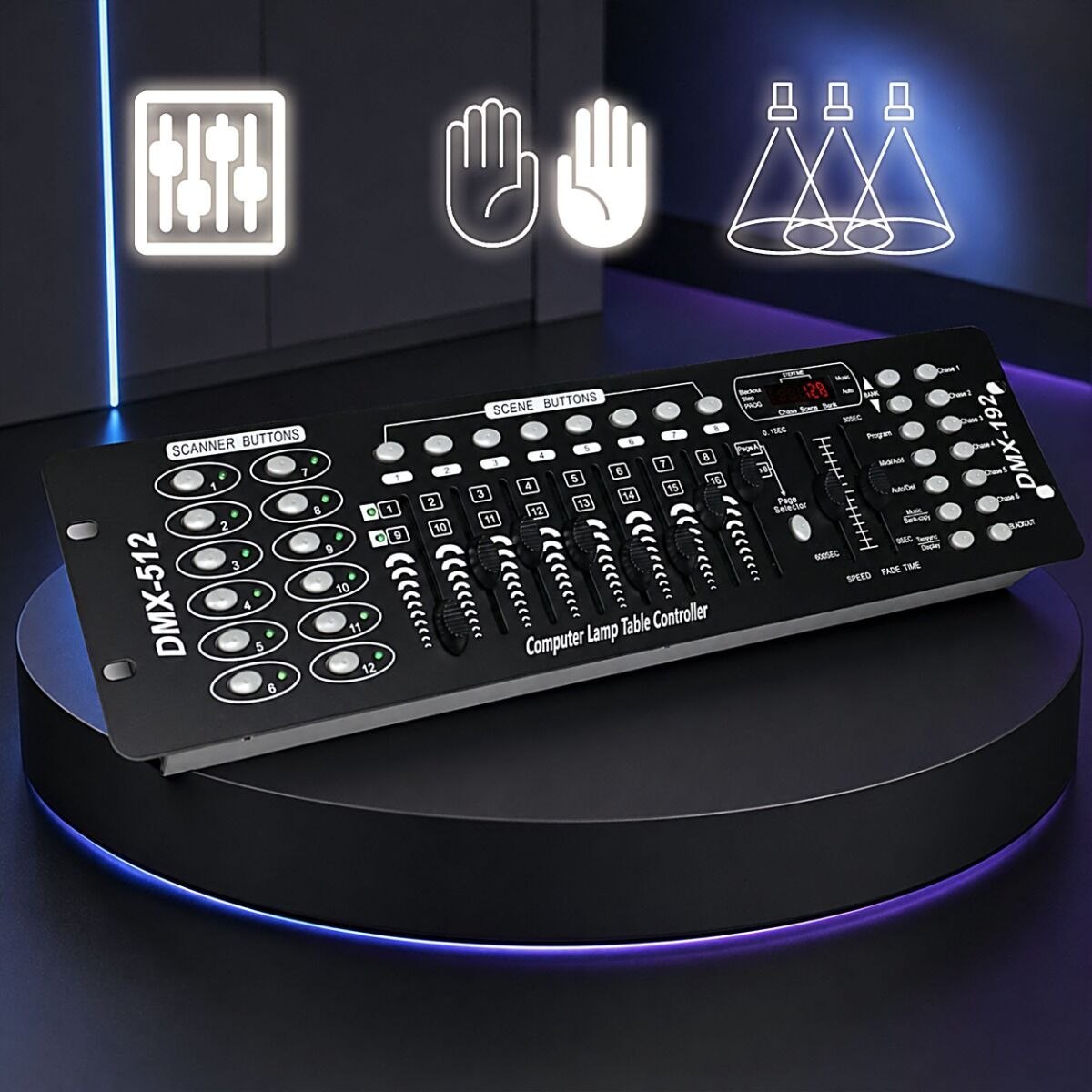 LIGHT4ME DMX 192 MKIII suwakowy sterownik DMX do oświetlenia scenicznego 192-kanałowy 8 suwaków 23 banki scen 6 sekwencji Chase rack 19" 2U