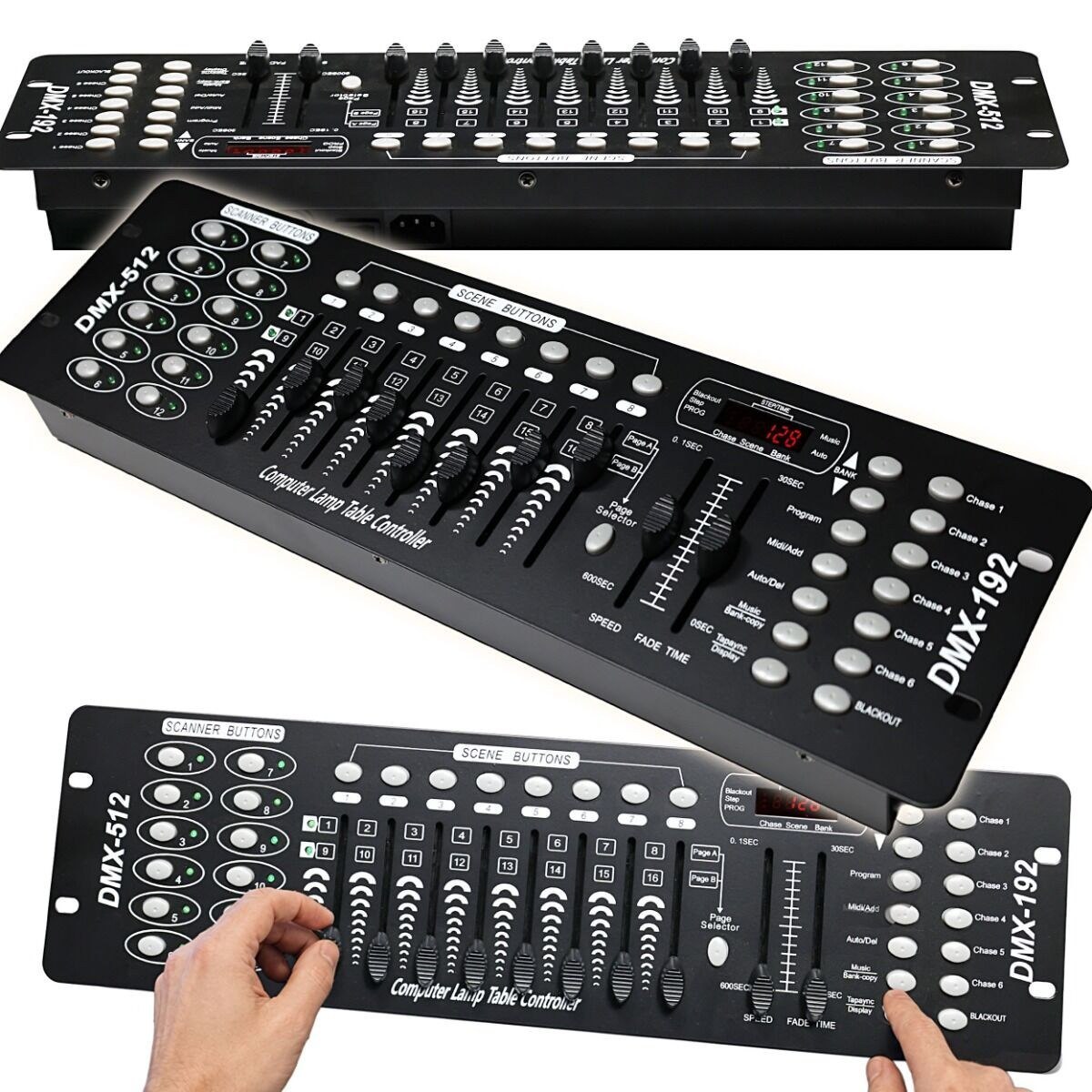 LIGHT4ME DMX 192 MKIII suwakowy sterownik DMX do oświetlenia scenicznego 192-kanałowy 8 suwaków 23 banki scen 6 sekwencji Chase rack 19" 2U