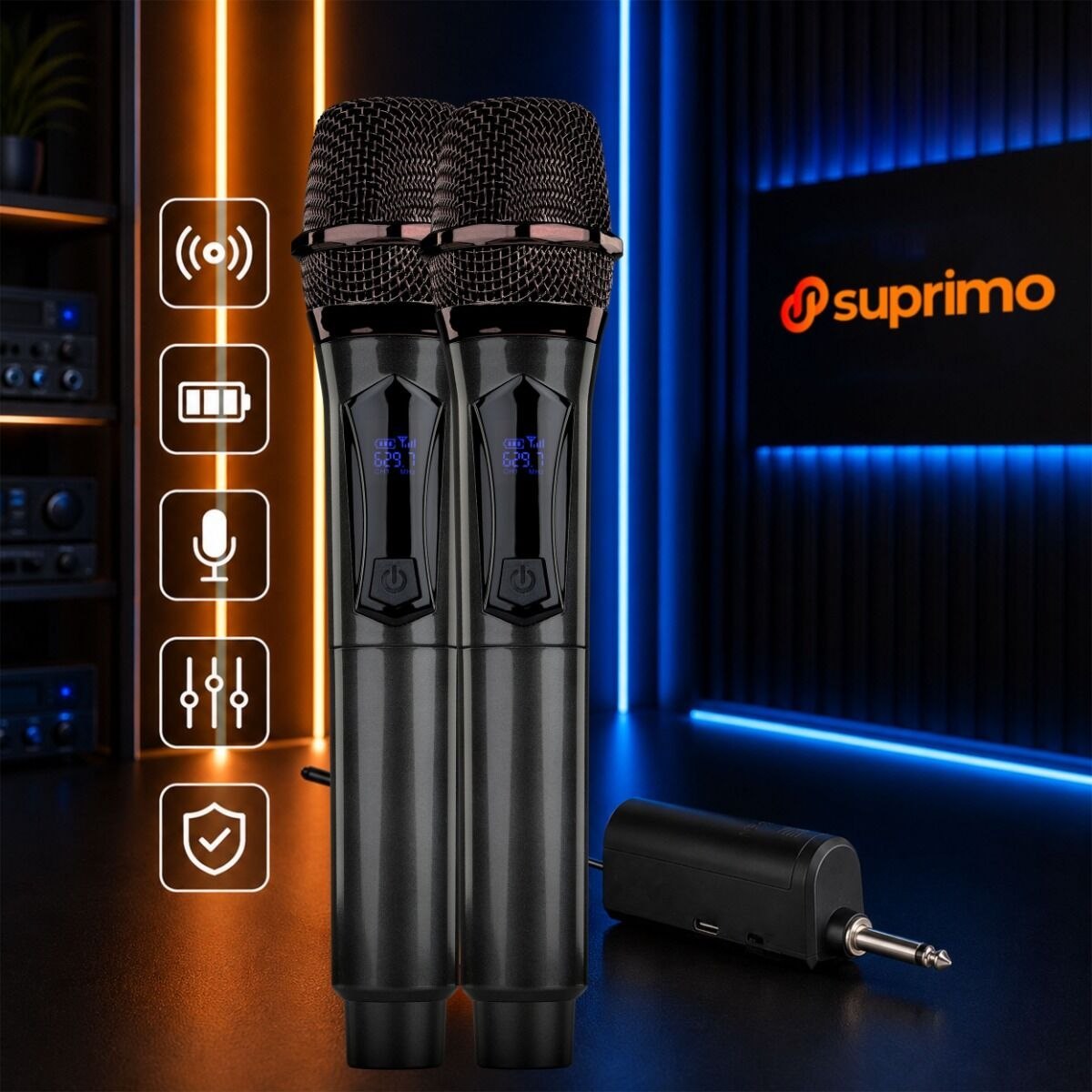 SUPRIMO K-MIC SET zestaw 2 akumulatorowych mikrofonów bezprzewodowych 2,4 GHz z odbiornikiem jack 6,35 mm do karaoke