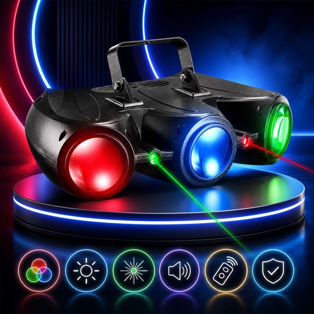 LIGHT4ME AIRSHIP 3 multiefekt oświetleniowy 2w1 oświetlenie sceniczne LED DMX 192x0,064W R/G/B/W laser czerwony 100 mW laser zielony 30 mW uchwyt montażowy